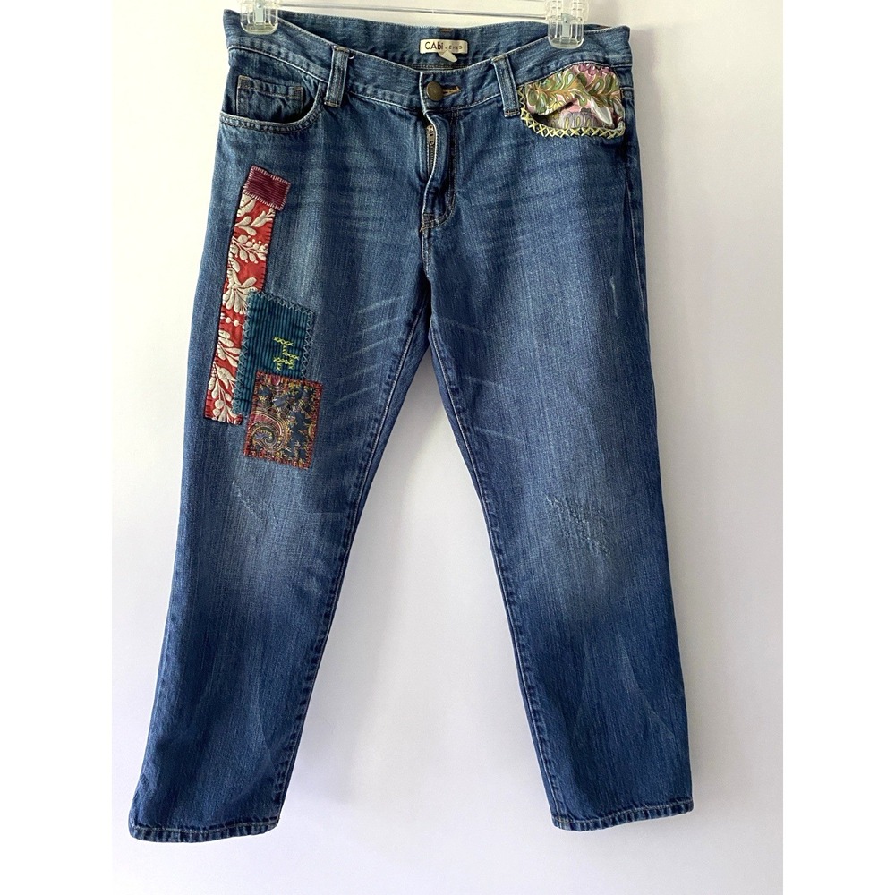 CAbi 887 Patchwork Boyfriend Cropped Jeans Size 6 Denim Embroidered Boho Artsy